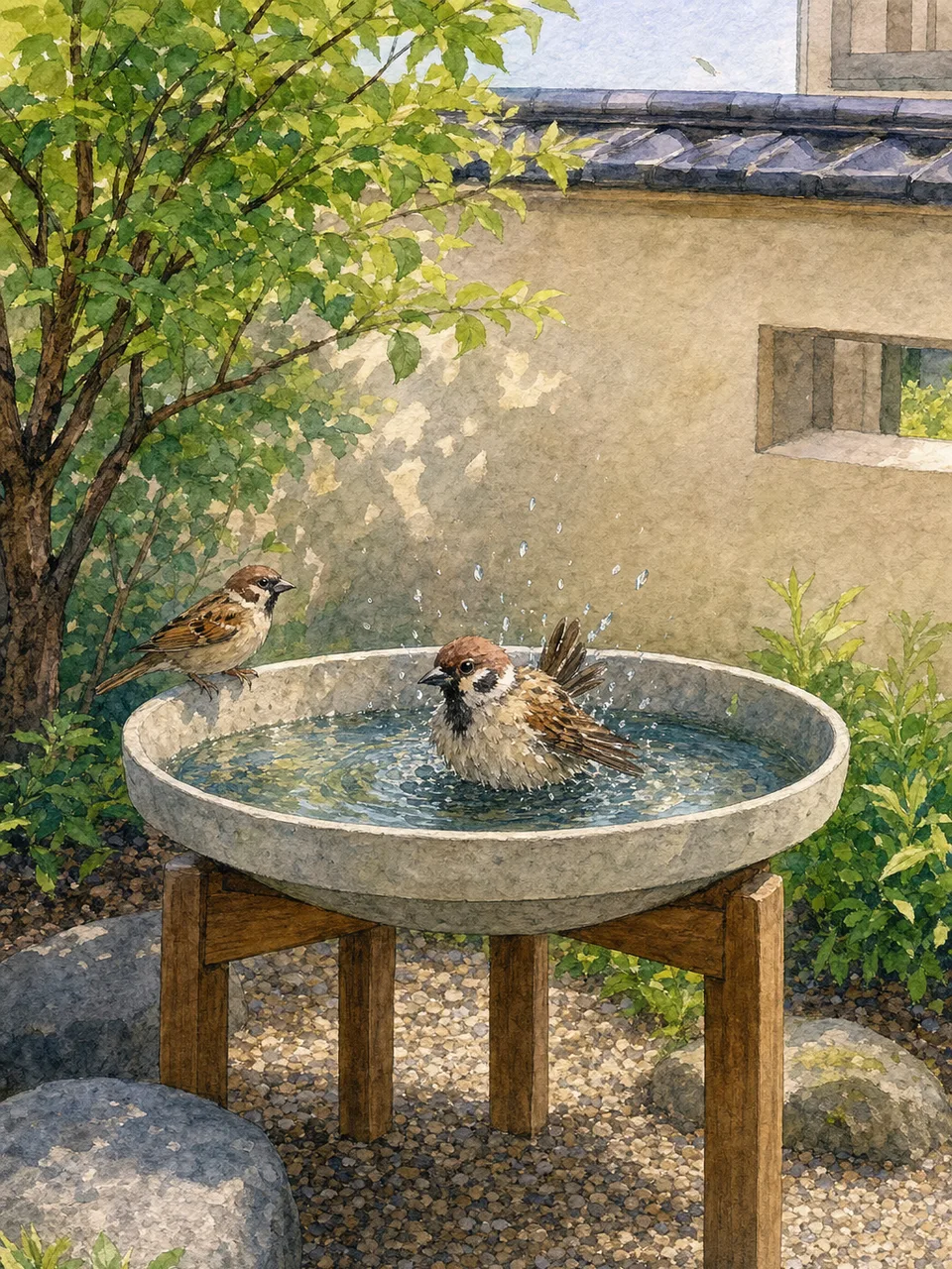 都市の野鳥が利用する水場（手描き水彩）。都市のバードバス、野鳥の水場、野鳥、バードバスの記事や案内に使える商用素材です。