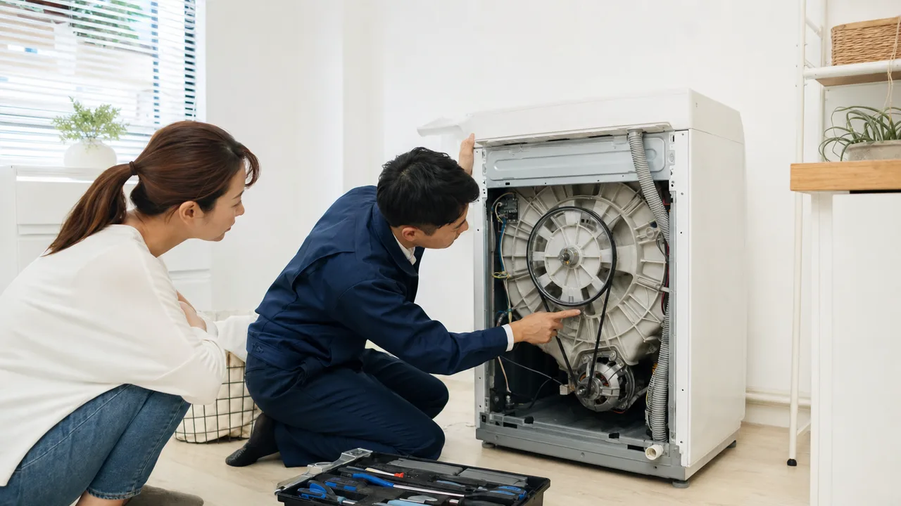 家電を点検する日本人修理技術者（横長・コピースペース）。家電修理、修理技術者、メンテナンス、暮らしの記事向け素材です。