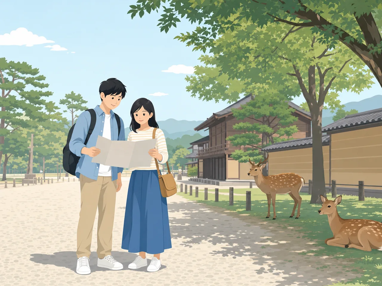 奈良の公園を歩く日本人旅行者（フラットイラスト）。奈良、国内旅行、鹿、公園観光の記事に使える素材です。