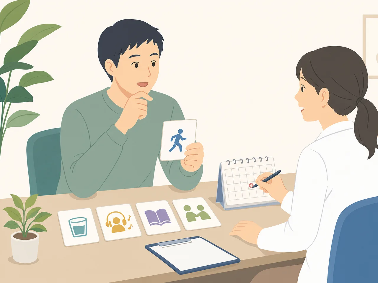 禁煙を相談する日本人（フラットイラスト）。禁煙、禁煙外来、健康相談、生活改善の記事向け素材です。