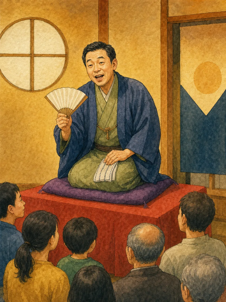 落語を楽しむ日本人観客（手描き水彩）。落語、寄席、伝統芸能、日本文化の記事や案内に使える商用素材です。
