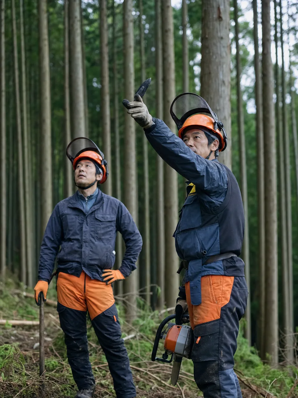 森林の間伐を行う日本人林業者（自然な縦位置写真）。間伐、林業、森林管理、持続可能な森林の記事や案内に使える商用素材です。