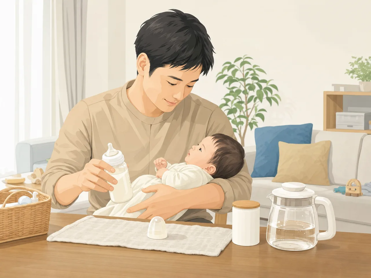 赤ちゃんを世話する日本人の父親（フラットイラスト）。男性の育児参加、育休、家族サービスを伝えられる、父親と乳児の生活素材です。