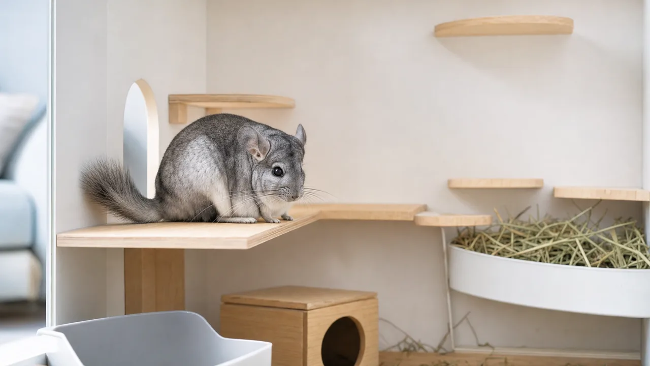 適切な環境で暮らすチンチラ（横長・コピースペース）。チンチラ、小動物、ペット、飼育環境の記事や案内に使える商用素材です。