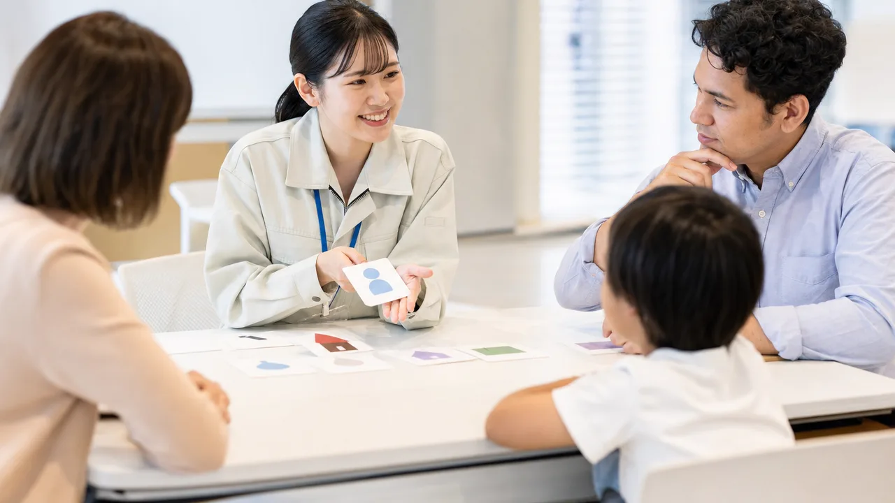 やさしい日本語を学ぶ地域の日本人（横長・コピースペース）。やさしい日本語、多文化コミュニケーション、自治体研修、外国人住民の記事や案内に使える商用素材です。