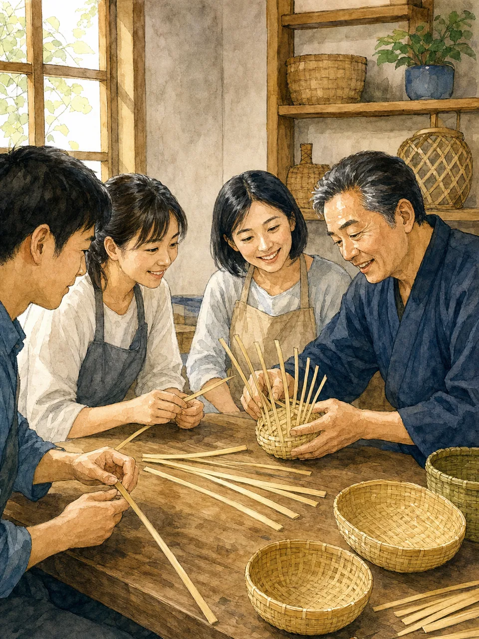 竹細工を学ぶ日本人（手描き水彩）。竹細工、伝統工芸、かご編み、職人体験の記事や案内に使える商用素材です。