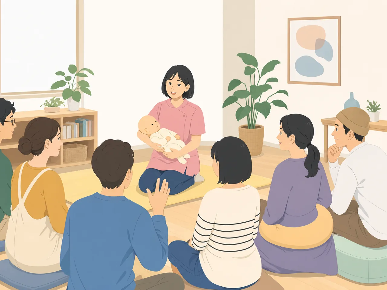 両親学級を支える日本人助産師（フラットイラスト）。助産師、両親学級、妊娠、出産準備の記事向け素材です。