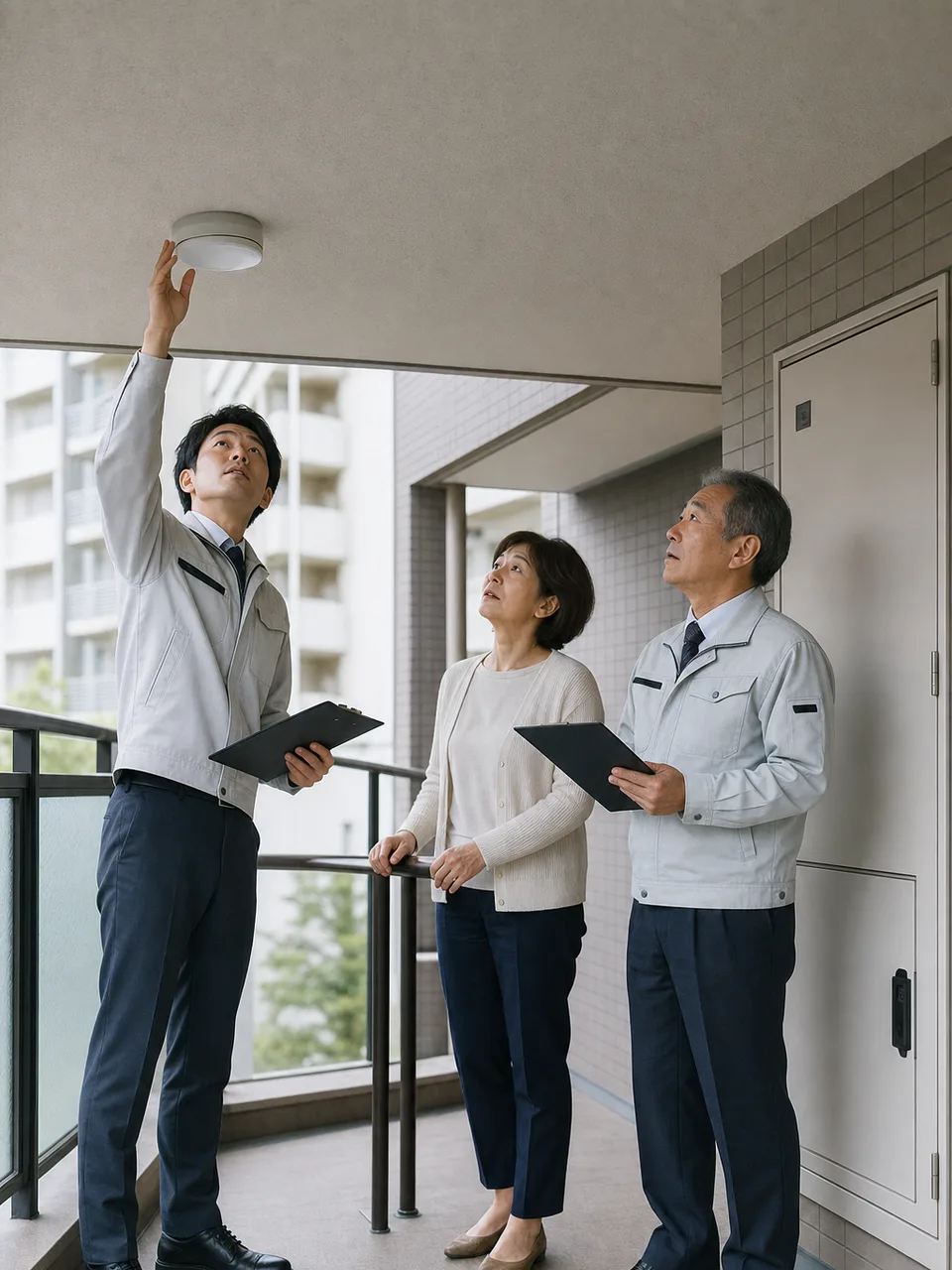 マンションを管理する日本人スタッフ（自然な縦位置写真）。マンション管理、管理人、建物点検、共同住宅の記事向け素材です。