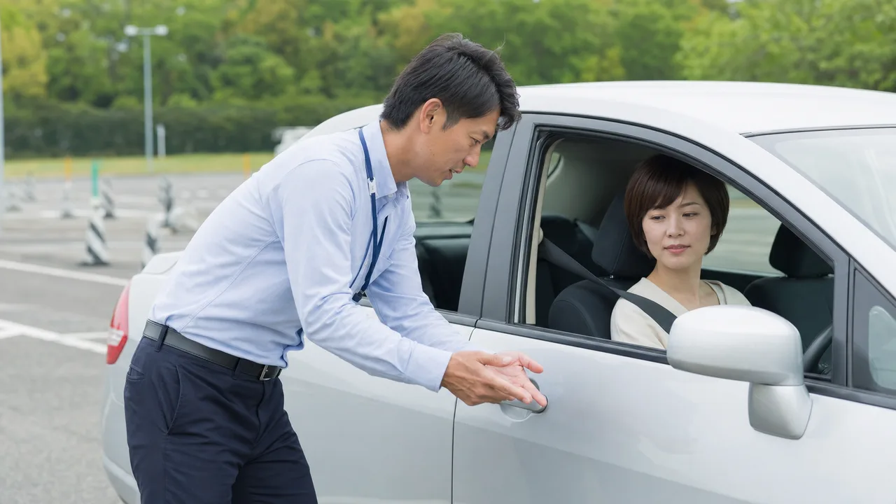 安全運転を教える日本人教習指導員（横長・コピースペース）。自動車教習所、運転指導、安全運転の記事向け素材です。
