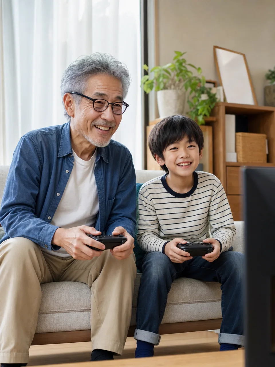 ゲームを楽しむ日本人の祖父母と孫（自然な縦位置写真）。祖父母とテレビゲーム、世代を超えたゲーム、祖父母と孫、テレビゲームの記事や案内に使える商用素材です。