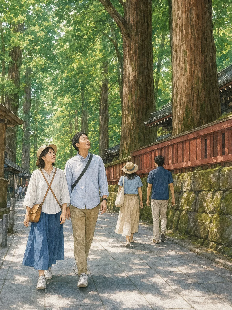 栃木の杉並木を歩く旅行者（手描き水彩）。栃木旅行、杉並木、日光周辺、関東旅行の記事や案内に使える商用素材です。