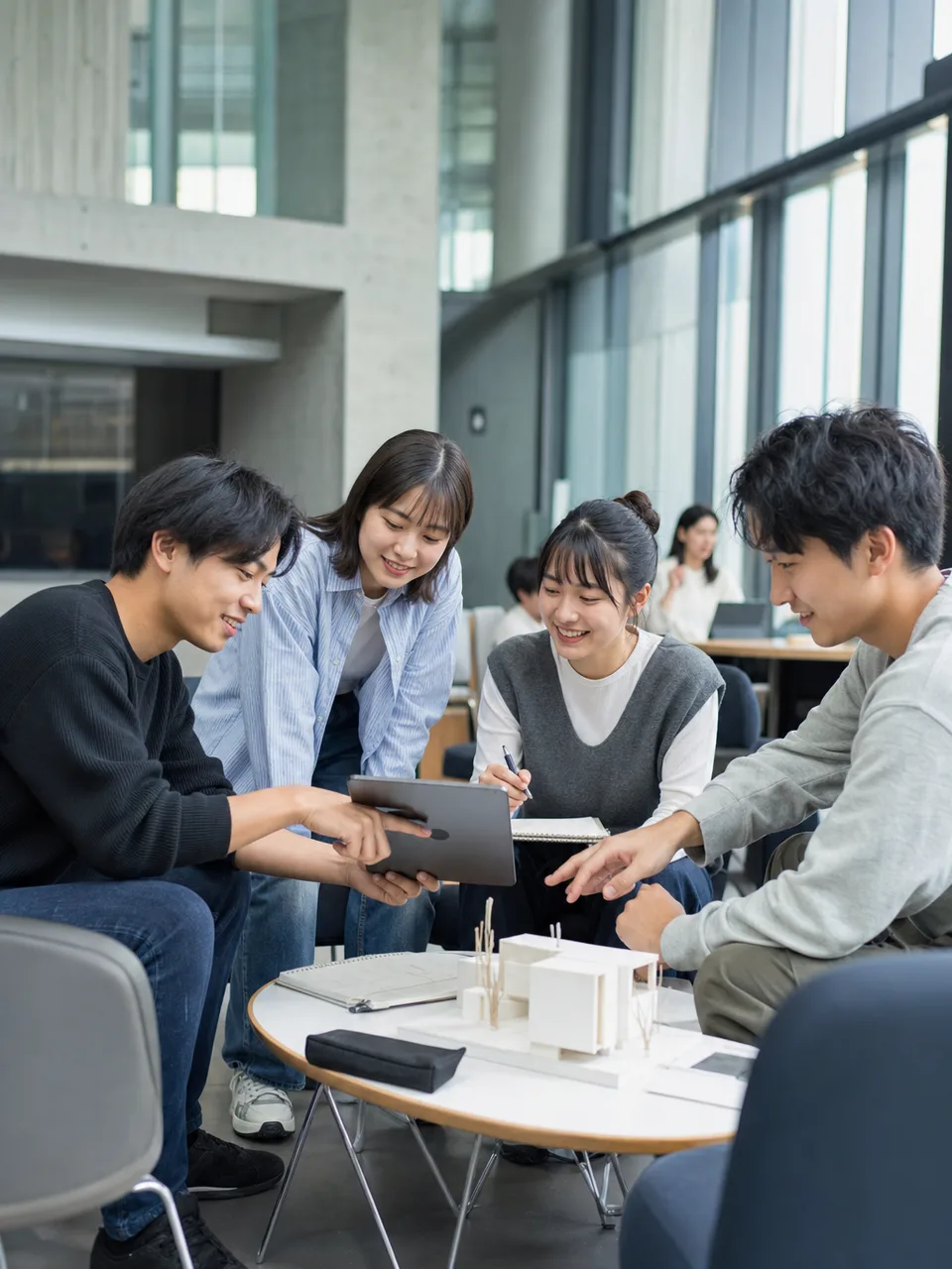 大学でプロジェクトに取り組む学生（自然な縦位置写真）。大学案内、就職支援、ゼミ、学生生活を表現できるキャンパス素材です。
