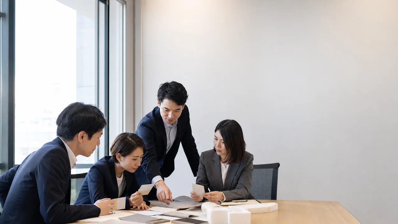 取引先を評価する日本人の調達チーム（横長・コピースペース）。取引先評価、サプライヤー評価、調達、購買の記事や案内に使える商用素材です。