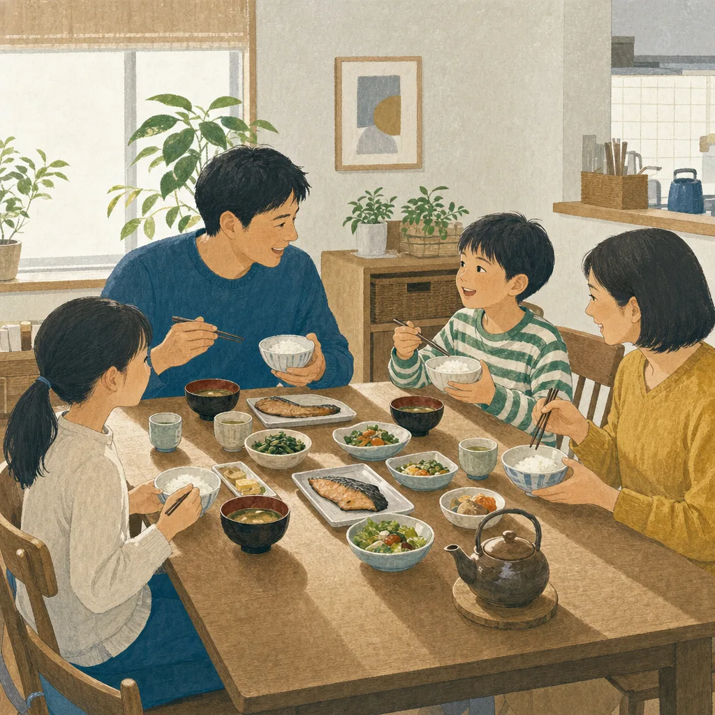 和朝食を囲む日本人家族（編集記事向け）。和朝食、朝ごはん、家族、健康的な食事の記事向け素材です。