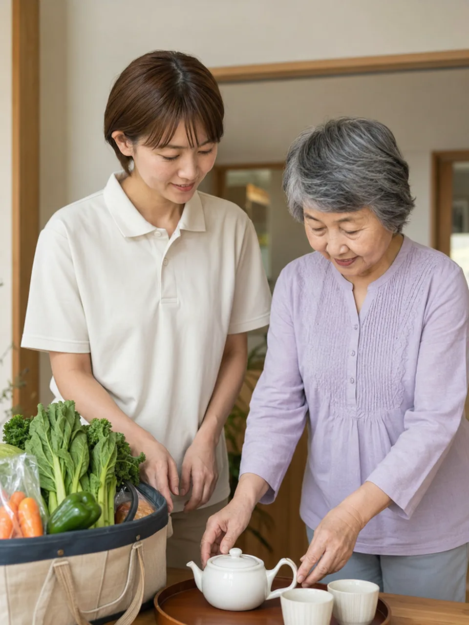 訪問介護を利用する日本人高齢者（自然な縦位置写真）。訪問介護、在宅生活、高齢者、生活支援の記事向け素材です。