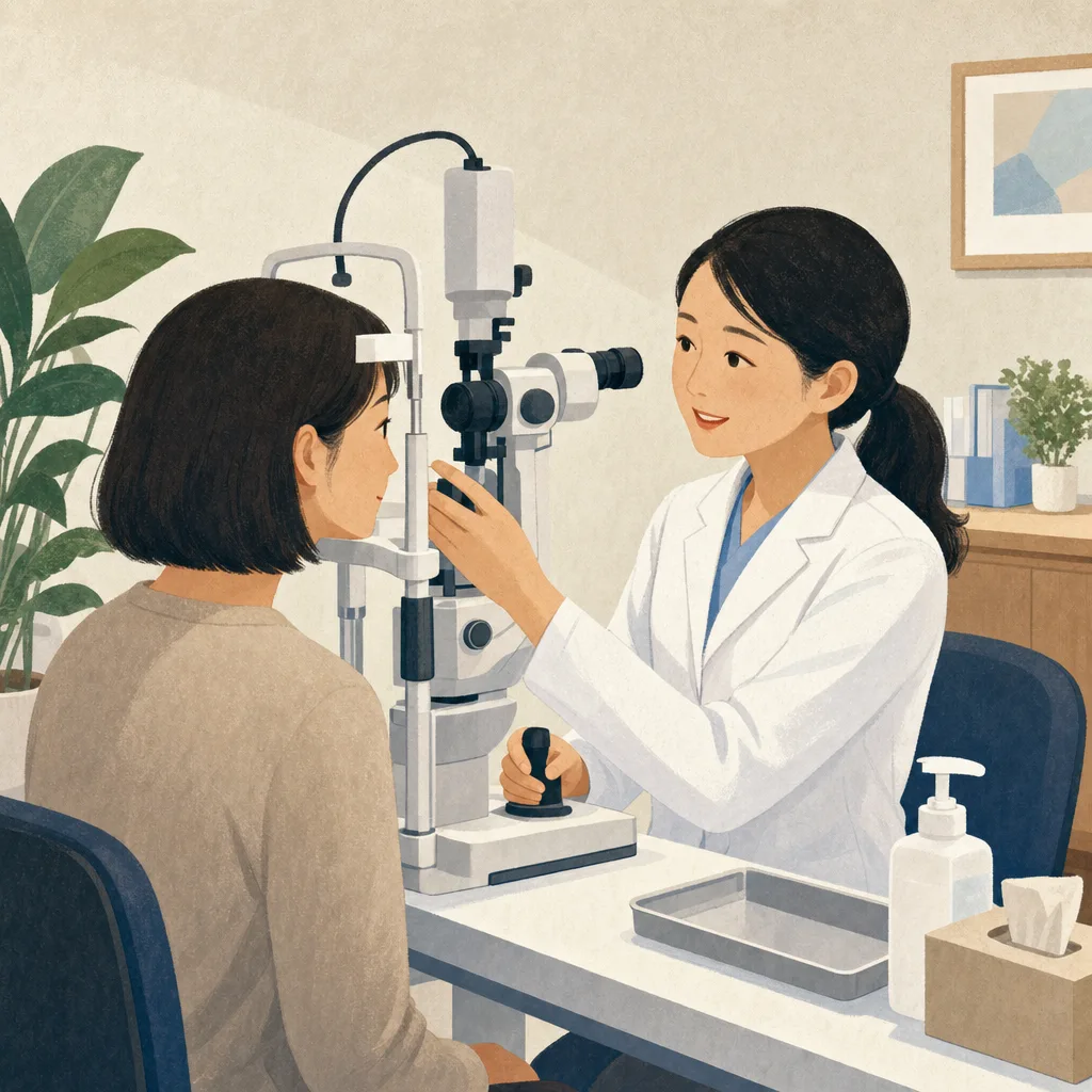 眼科で検査を受ける日本人患者（編集記事向け）。眼科、視力検査、目の健康、医療の記事向け素材です。