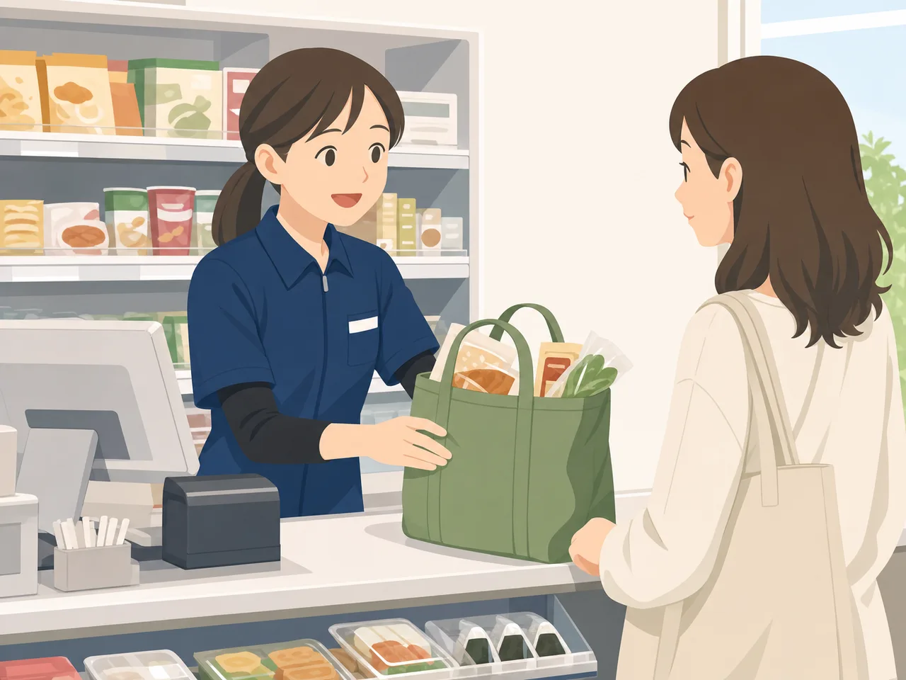 コンビニで接客する日本人スタッフ（フラットイラスト）。コンビニ、小売、接客、アルバイト募集の記事に使える店舗素材です。