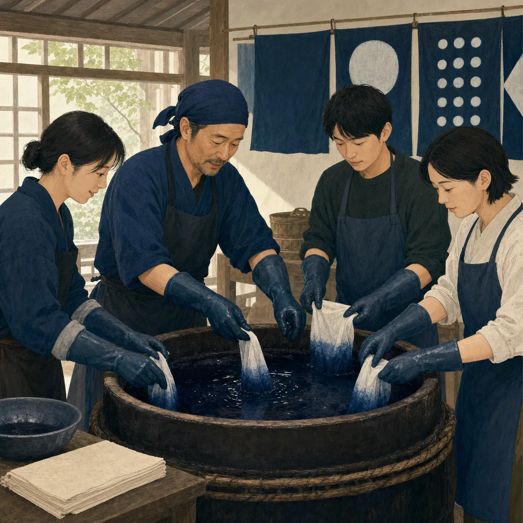 藍染めを体験する日本人（編集記事向け）。藍染め、伝統工芸、染色、職人体験の記事や案内に使える商用素材です。