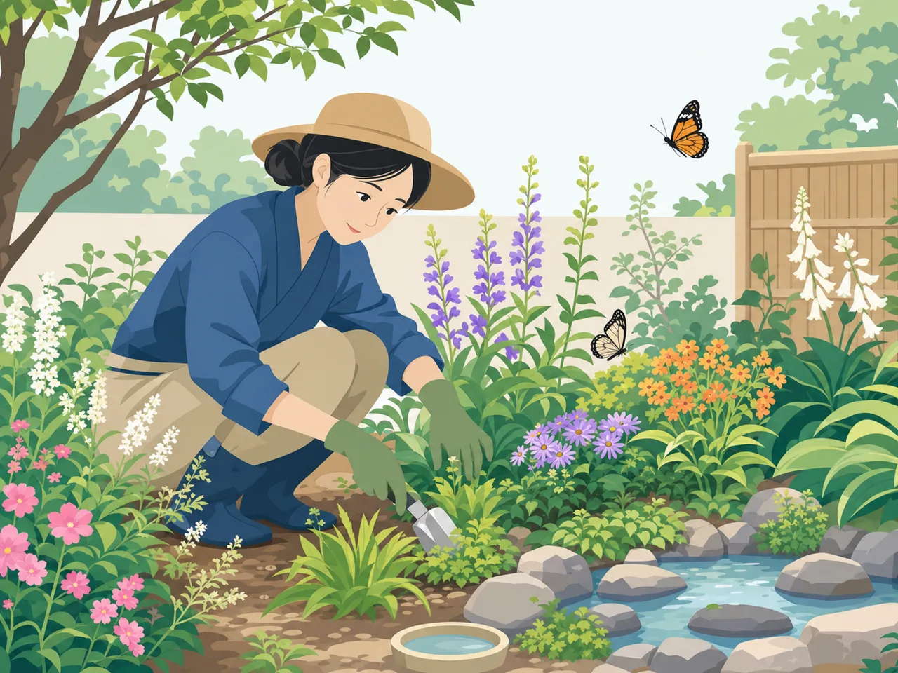 チョウが訪れる庭を整える日本人（フラットイラスト）。バタフライガーデン、チョウ、蝶、庭づくりの記事や案内に使える商用素材です。