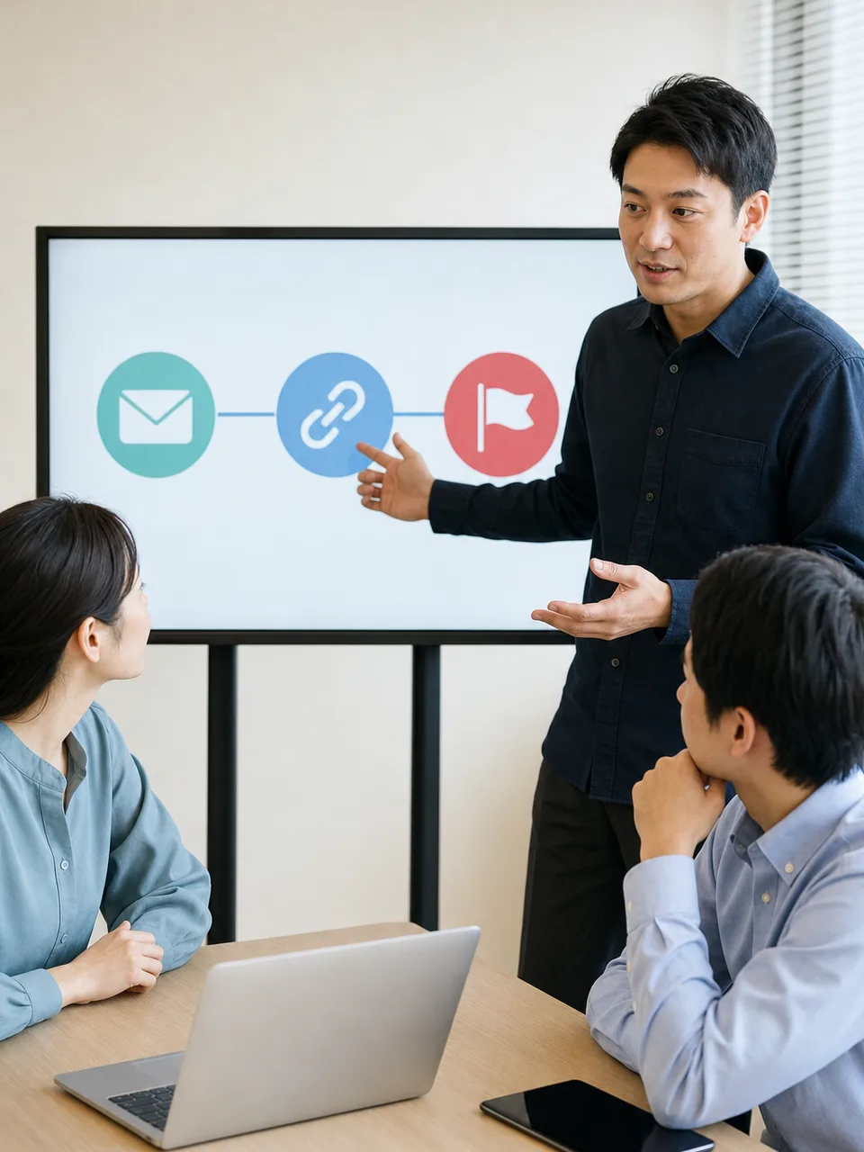 フィッシング訓練を振り返る日本人チーム（自然な縦位置写真）。フィッシング訓練、標的型メール、セキュリティ教育、不審メールの記事や案内に使える商用素材です。