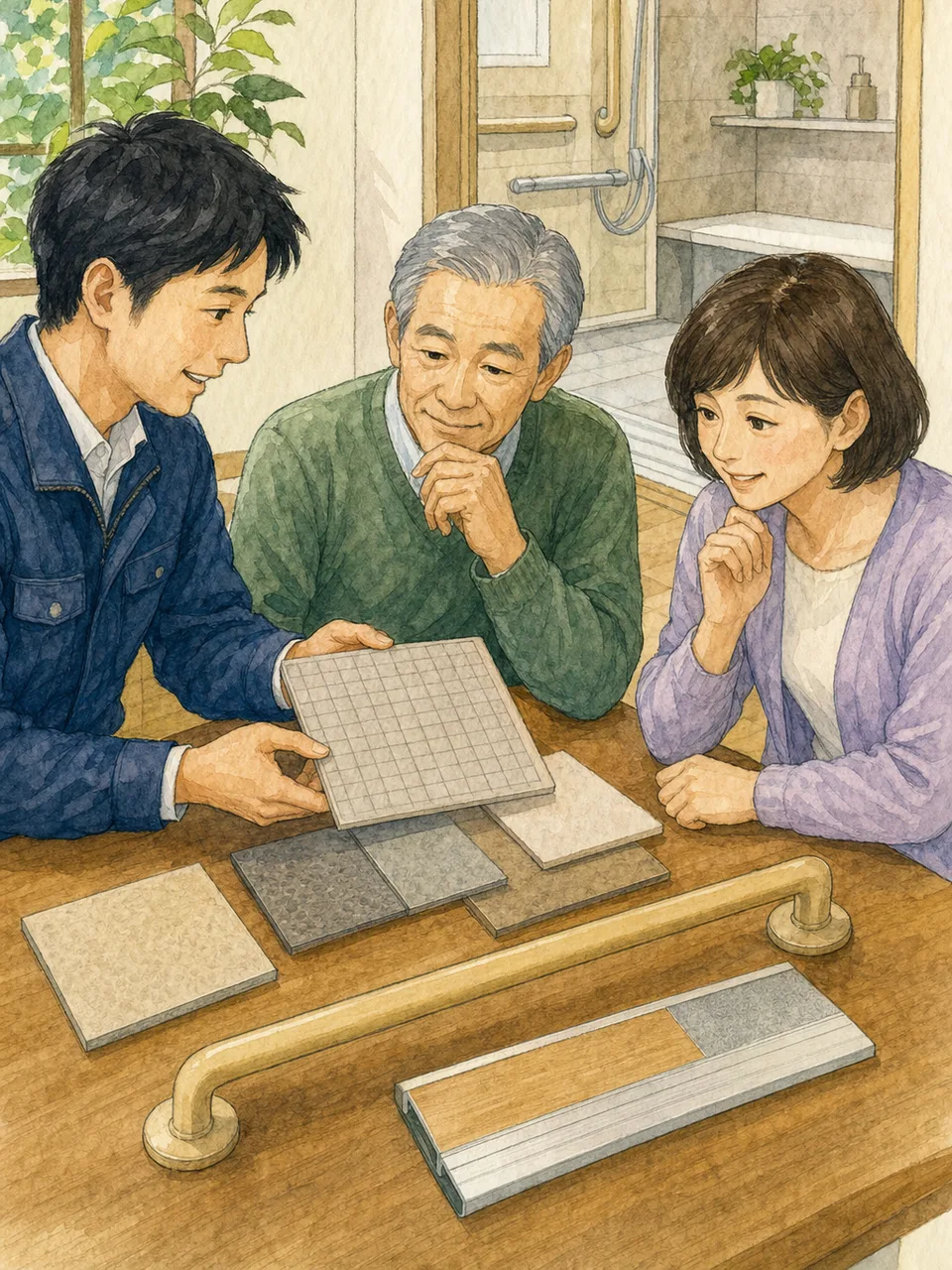 浴室のバリアフリー改修を相談する日本人（手描き水彩）。浴室リフォーム、バリアフリー、手すり、高齢者住宅の記事や案内に使える商用素材です。