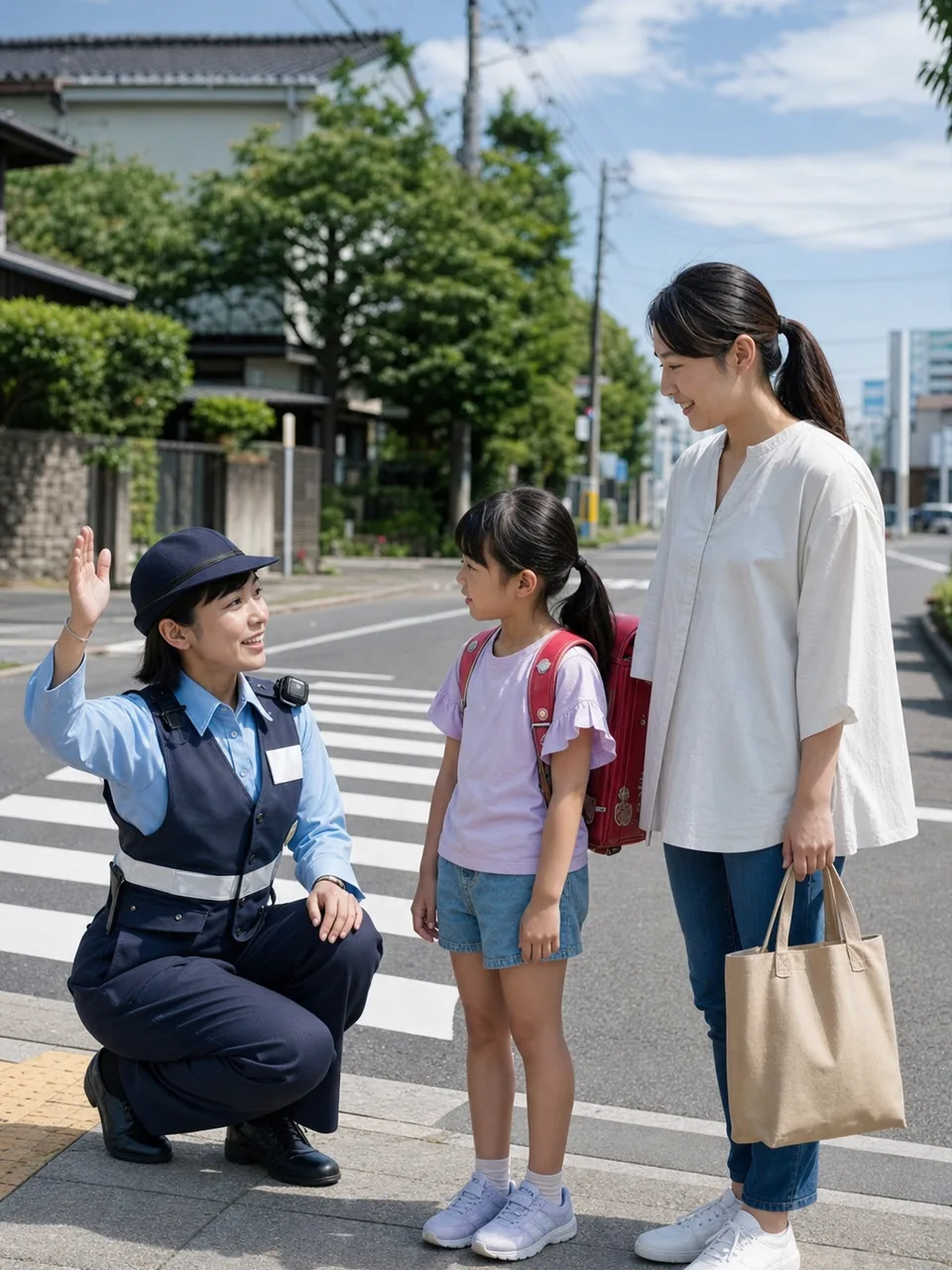交通安全を案内する日本人警察官（自然な縦位置写真）。警察官、交通安全、防犯、地域活動の記事向け素材です。