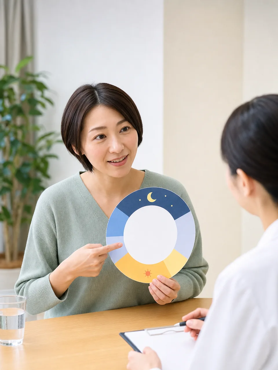 睡眠の悩みを相談する日本人（自然な縦位置写真）。睡眠相談、不眠、睡眠衛生、健康相談の記事や案内に使える商用素材です。