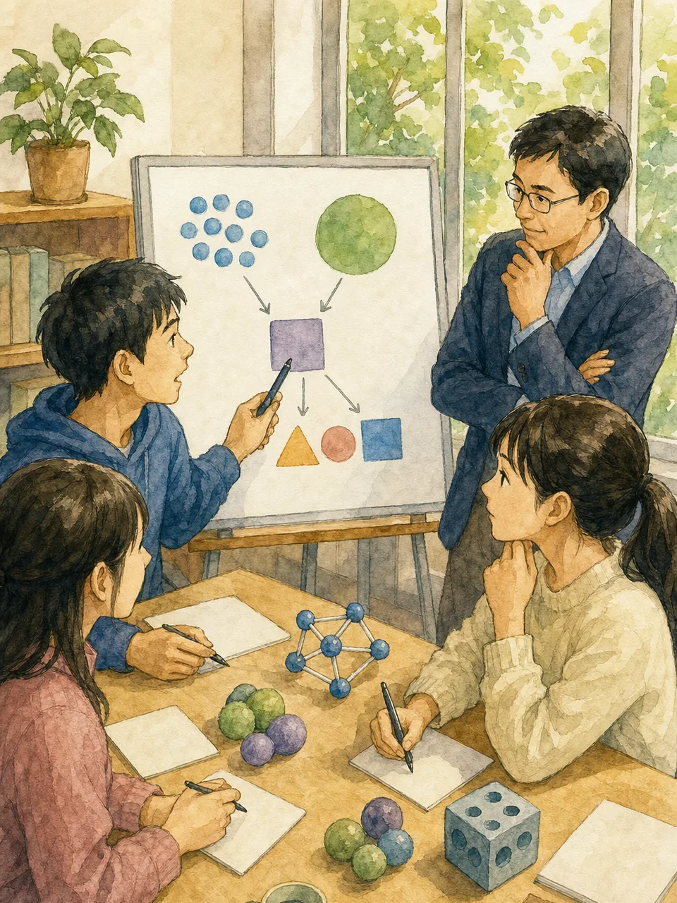 研究を議論する日本人大学生（手描き水彩）。大学ゼミ、研究室、大学生、研究発表の記事や案内に使える商用素材です。