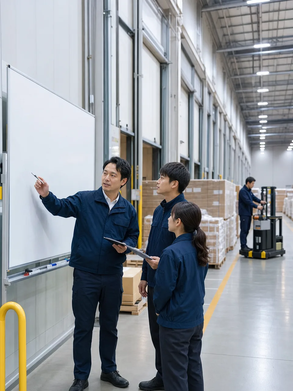 物流センターで出荷を管理する日本人（自然な縦位置写真）。物流センター、出荷管理、サプライチェーンの記事に使える素材です。