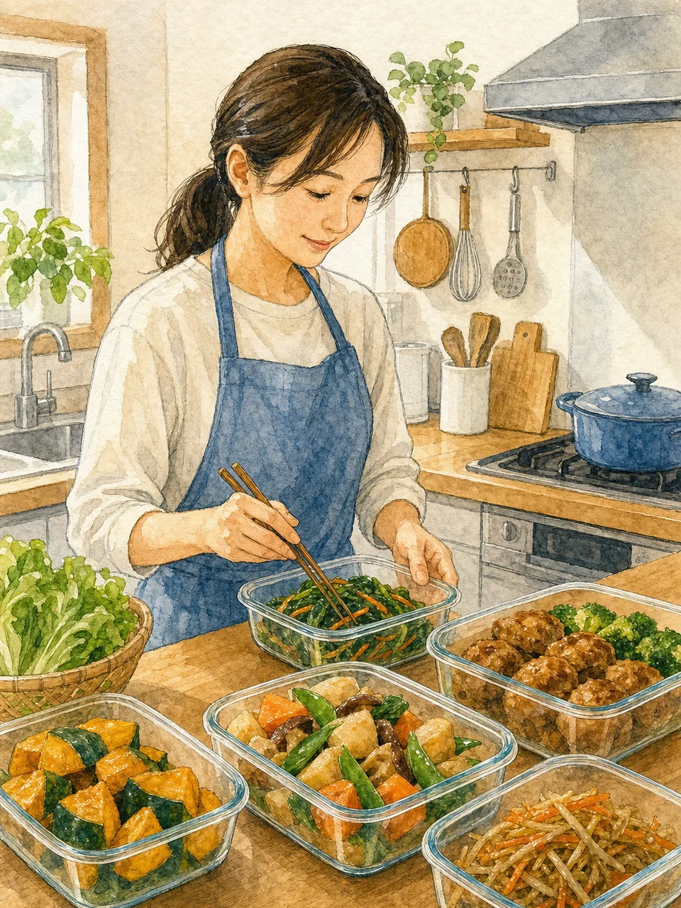 作り置き料理を準備する日本人（手描き水彩）。作り置き料理、時短家事、食生活、家庭料理の記事向け素材です。