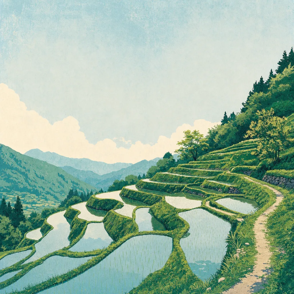 日本の里山に広がる棚田（正方形デザイン）。棚田、里山、水田、農村景観の記事向け素材です。