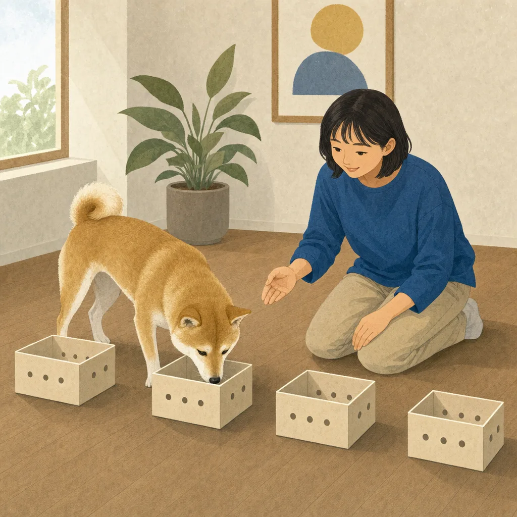 ノーズワークを楽しむ日本人と犬（編集記事向け）。ノーズワーク、犬、嗅覚遊び、ペットの記事や案内に使える商用素材です。