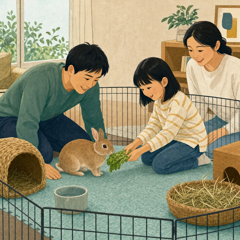 うさぎを世話する日本人家族（編集記事向け）。うさぎ、ペットケア、家族、動物との暮らしの記事向け素材です。