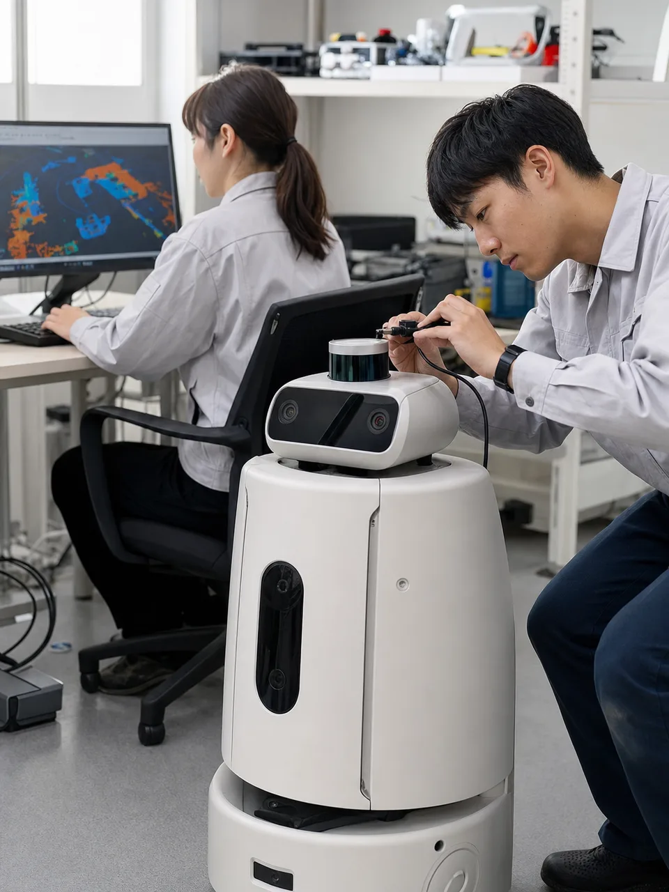 AIロボットを開発する日本人エンジニア（自然な縦位置写真）。人工知能、ロボット、研究開発、DXの記事に使える技術素材です。