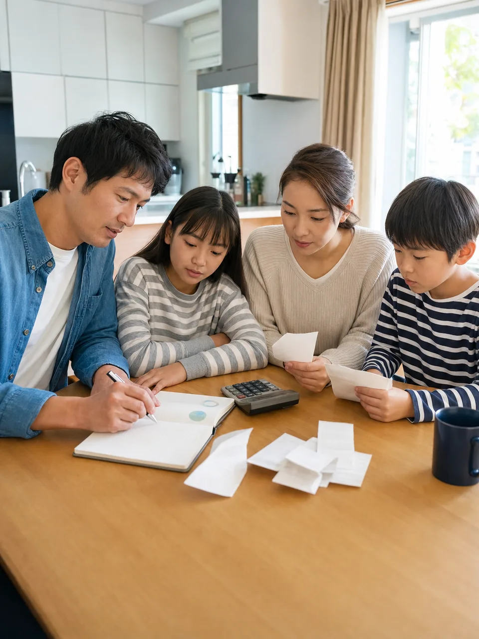家計管理をする日本人家族（自然な縦位置写真）。家計管理、家計簿、生活費、家族の話し合いの記事向け素材です。