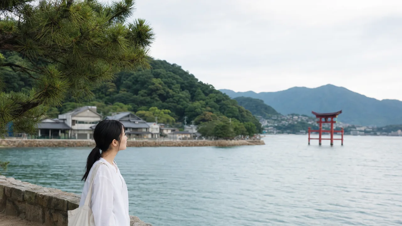 宮島の海辺を訪れる日本人旅行者（横長・コピースペース）。宮島、瀬戸内、島旅、国内旅行の記事向け素材です。