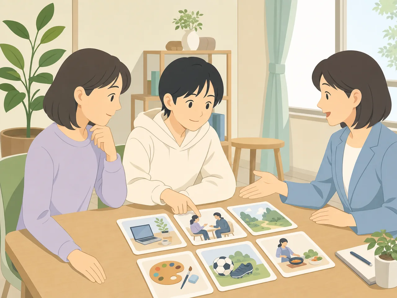 不登校について相談する日本人親子（フラットイラスト）。不登校、教育相談、子どもの意思、学びの選択肢の記事向け素材です。