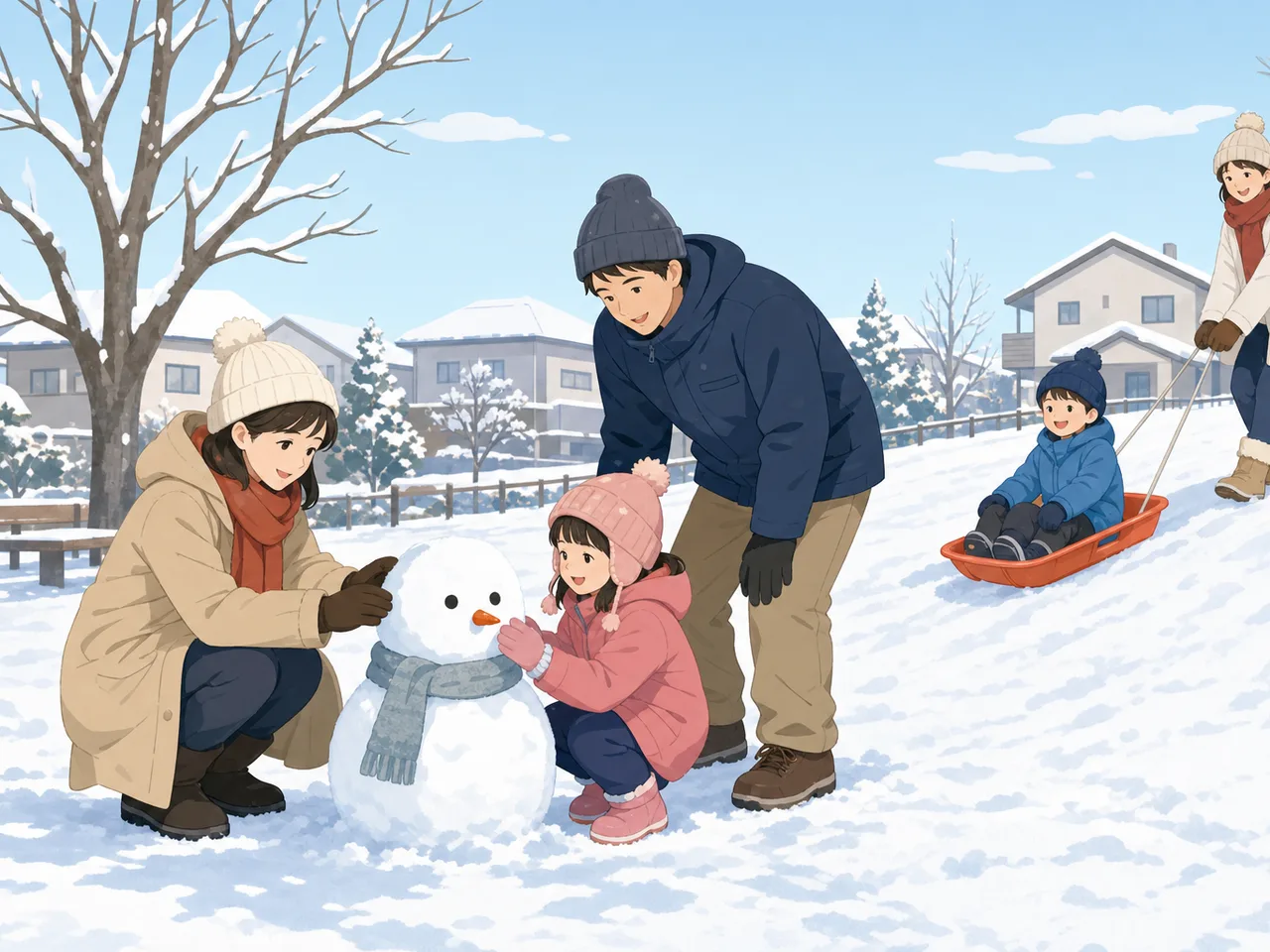 雪遊びを楽しむ日本人家族（フラットイラスト）。雪遊び、冬、親子、屋外レジャーの記事向け素材です。