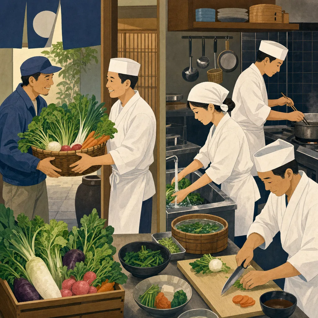 地元食材を仕込む日本人料理人（編集記事向け）。地産地消レストラン、地元食材、料理人、農家の記事や案内に使える商用素材です。