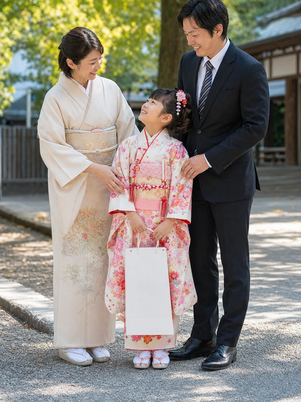 七五三を祝う日本人家族（自然な縦位置写真）。七五三、家族、子どもの成長、秋の行事の記事向け素材です。