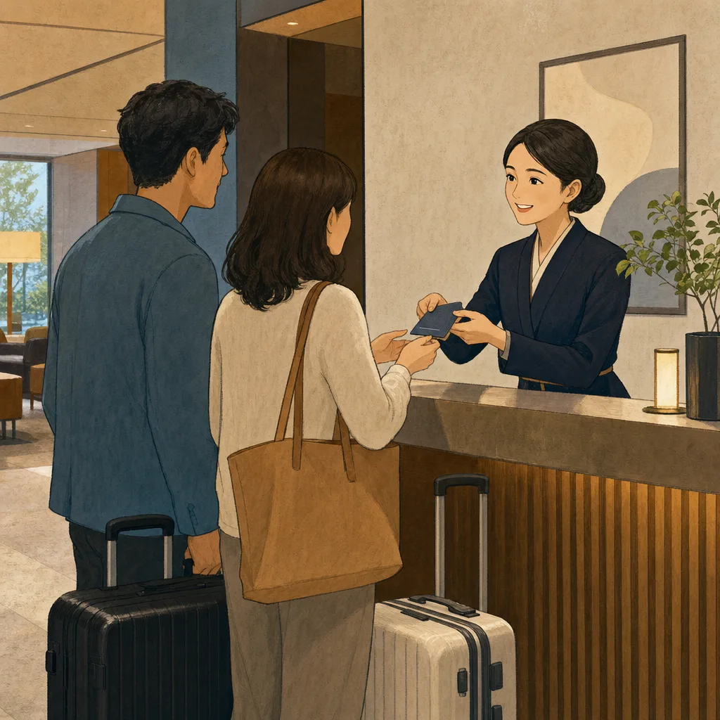ホテルで接客する日本人スタッフ（編集記事向け）。ホテル、宿泊、観光、接客サービスの記事に使える仕事素材です。