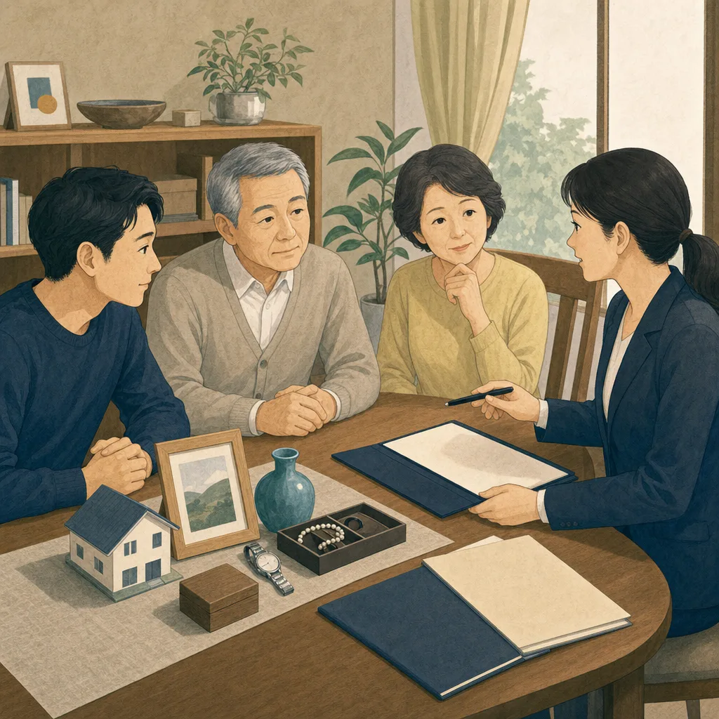 相続財産を整理する日本人家族（編集記事向け）。相続財産、遺産整理、相続相談、家族会議の記事や案内に使える商用素材です。