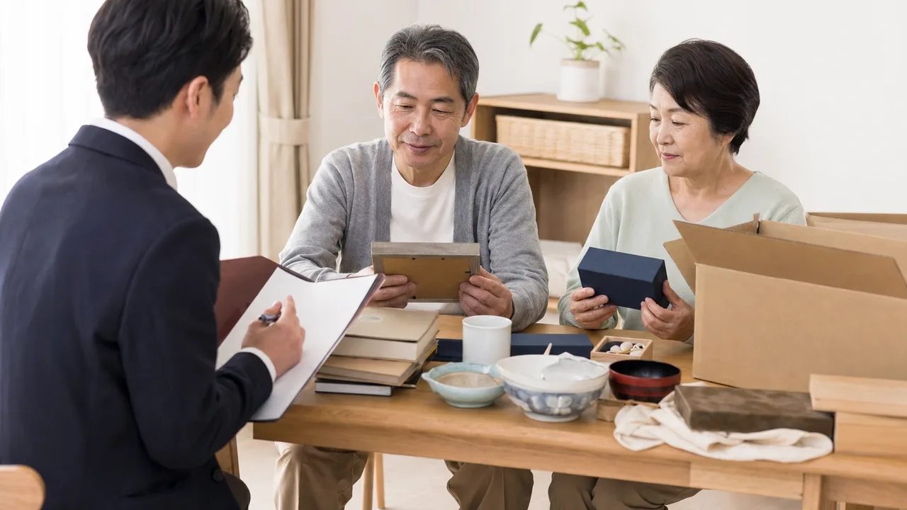 相続財産を整理する日本人家族（横長・コピースペース）。相続財産、遺産整理、相続相談、家族会議の記事や案内に使える商用素材です。