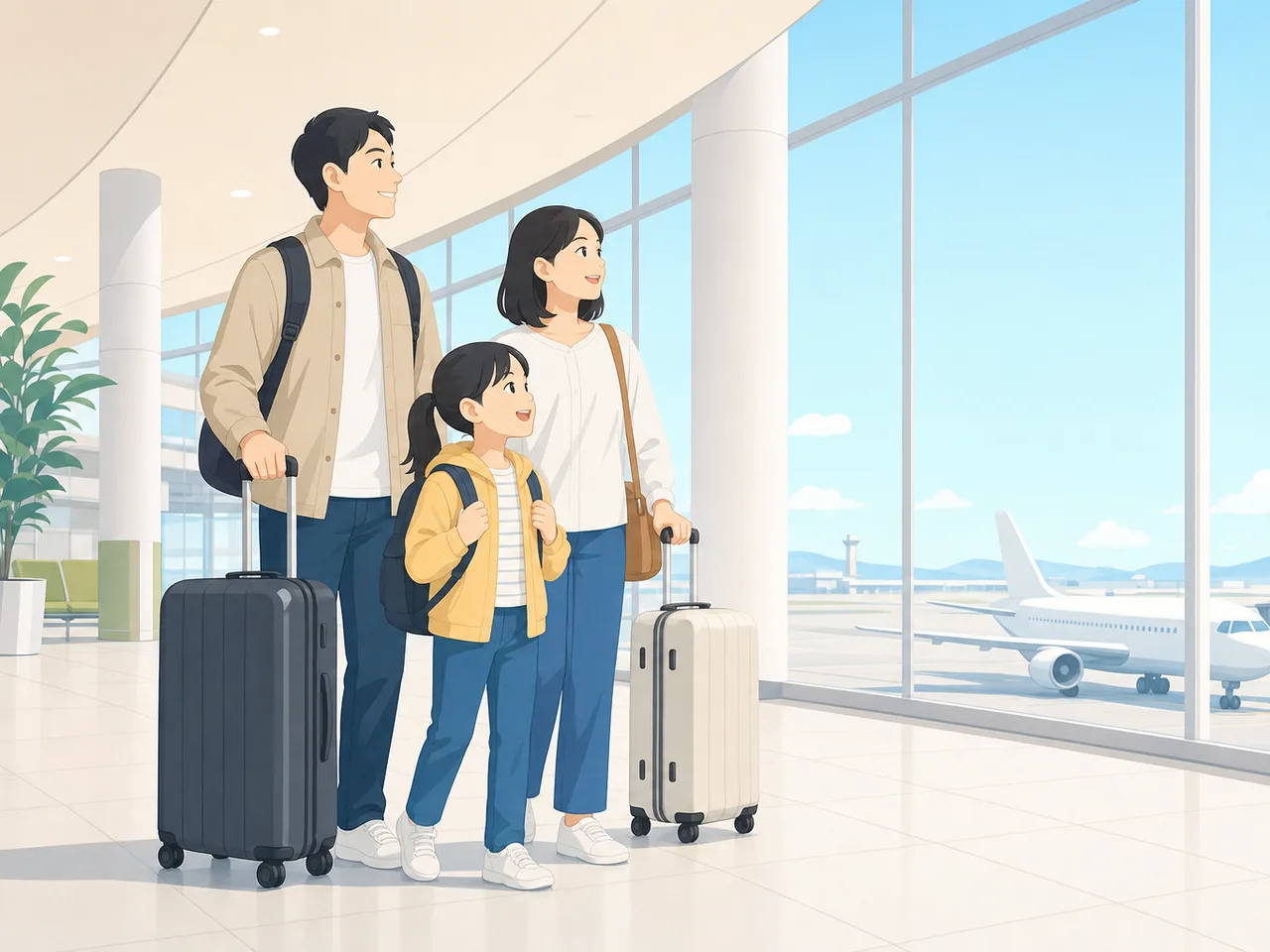 空港から旅行へ出発する日本人家族（フラットイラスト）。空港、海外旅行、家族旅行、旅行保険の記事に使える出発場面です。