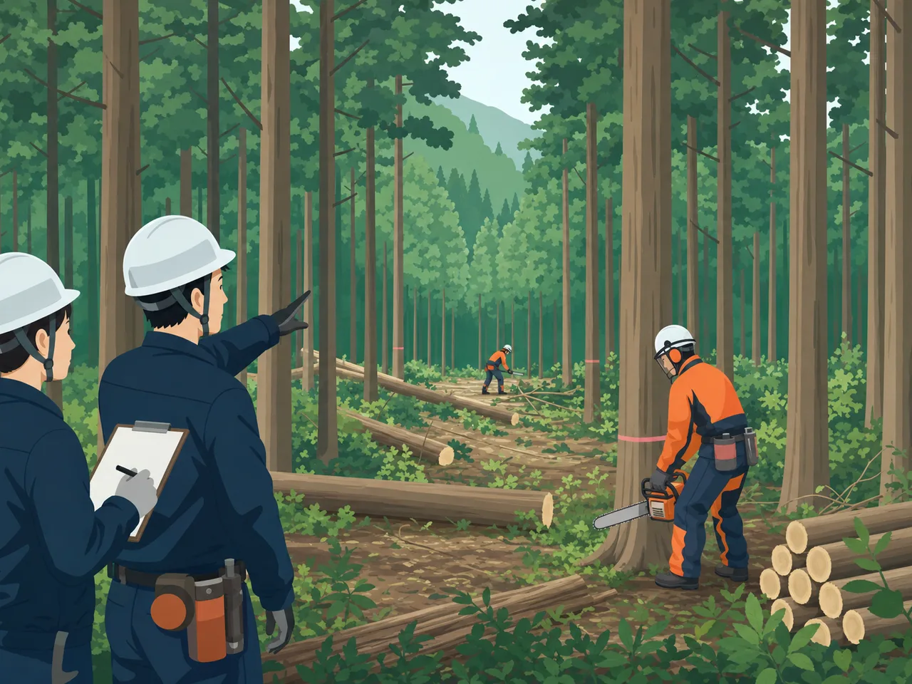 森林の間伐を行う日本人林業者（フラットイラスト）。間伐、林業、森林管理、持続可能な森林の記事や案内に使える商用素材です。