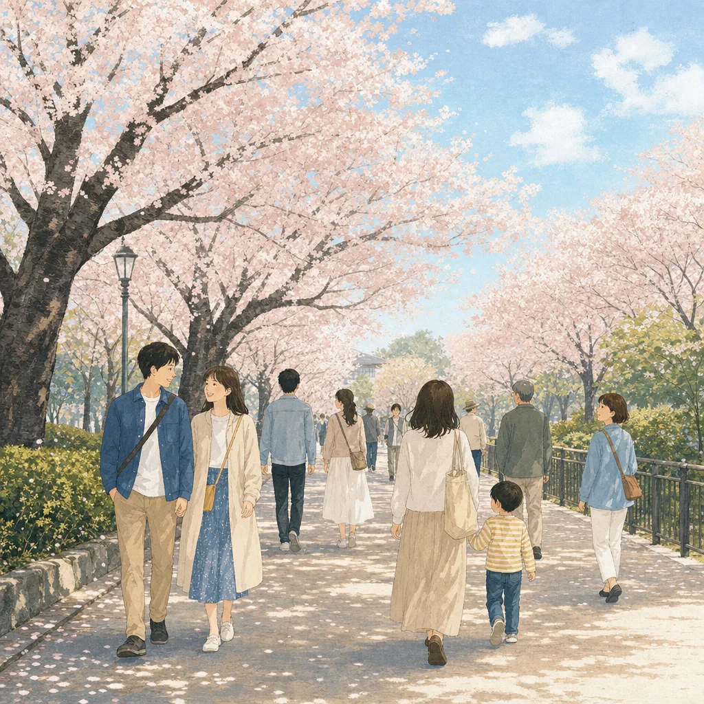 桜並木を歩く日本人（編集記事向け）。桜並木、春、散歩、日本の季節の記事向け素材です。