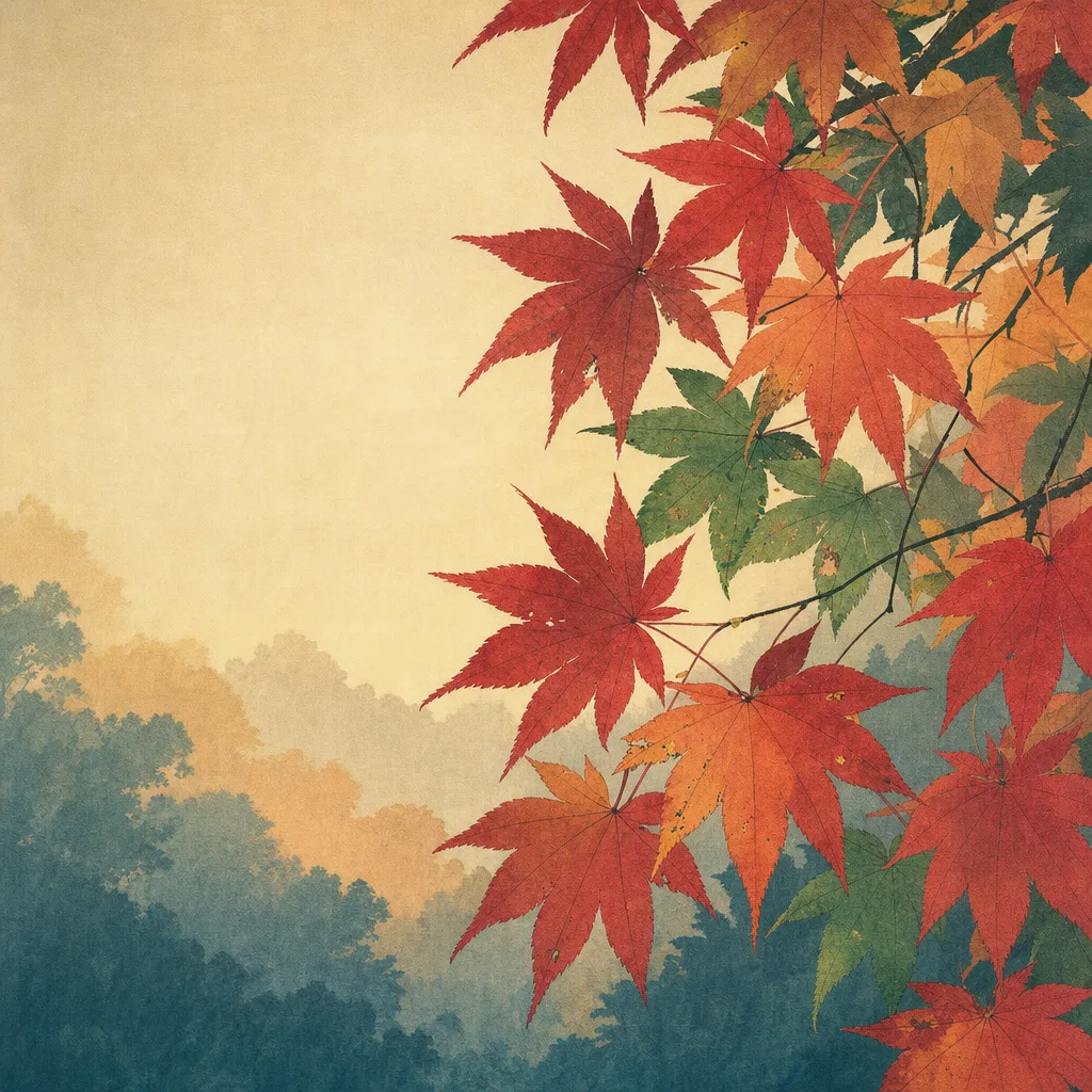自然光に映える日本のもみじ（正方形デザイン）。もみじ、楓、紅葉、秋の自然向け素材です。
