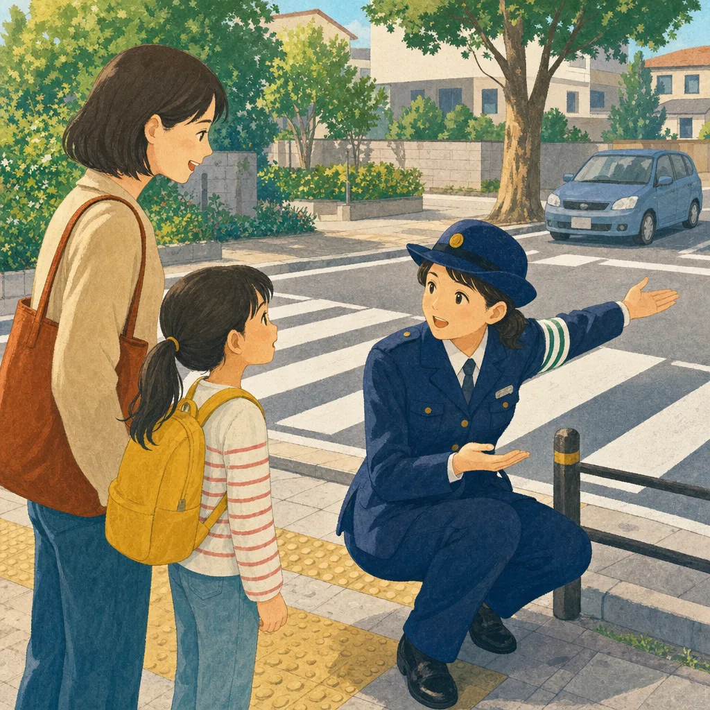 交通安全を案内する日本人警察官（編集記事向け）。警察官、交通安全、防犯、地域活動の記事向け素材です。