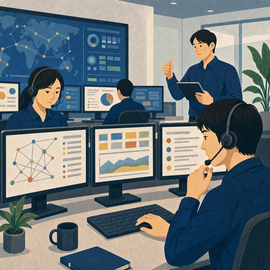 セキュリティ監視を行う日本人チーム（編集記事向け）。SOCのインシデント対応、セキュリティ運用センター、SOCアナリスト、セキュリティ監視の記事や案内に使える商用素材です。