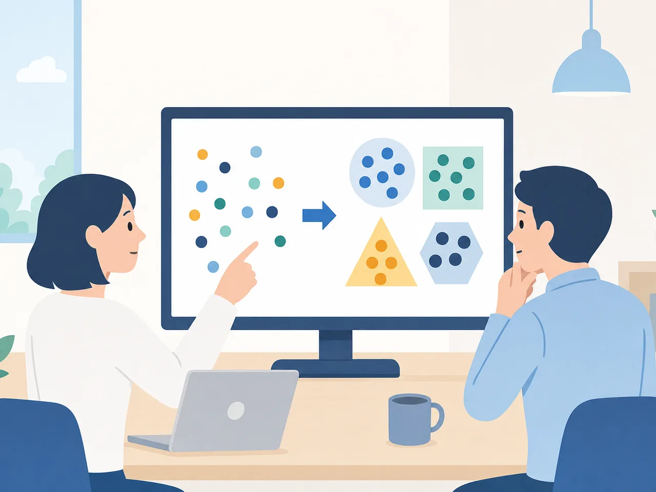 データ匿名化を確認する日本人チーム（フラットイラスト）。データ匿名化、個人情報、データ保護、仮名加工の記事や案内に使える商用素材です。